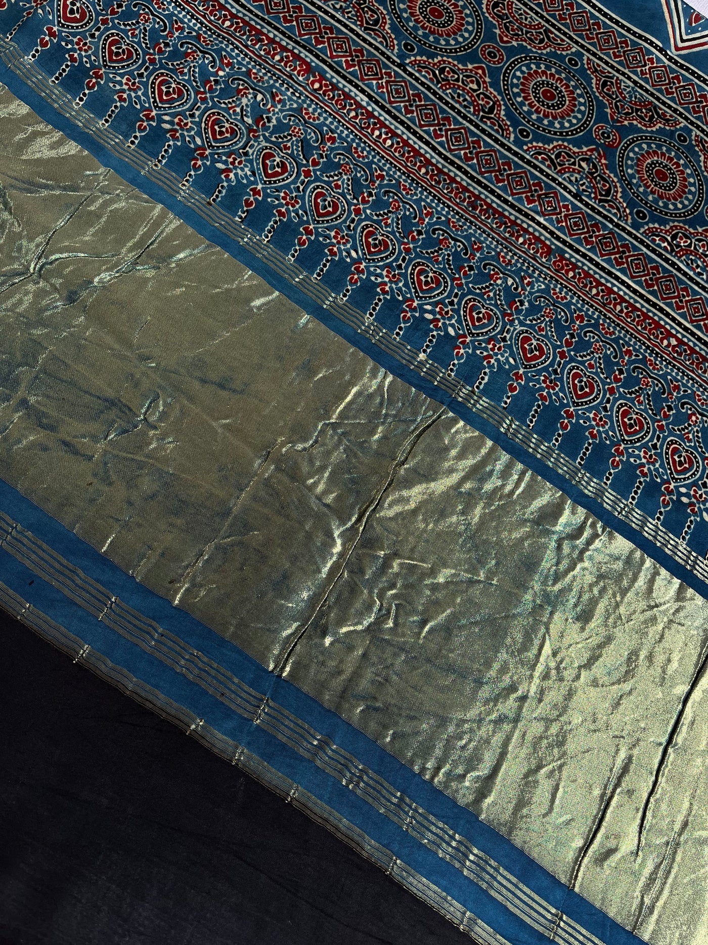 PANKHUDI: HANDBLOCK AJRAKH MODAL SILK SAREE WITH TISSUE PALLU