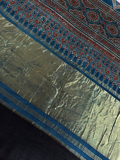 PANKHUDI: HANDBLOCK AJRAKH MODAL SILK SAREE WITH TISSUE PALLU