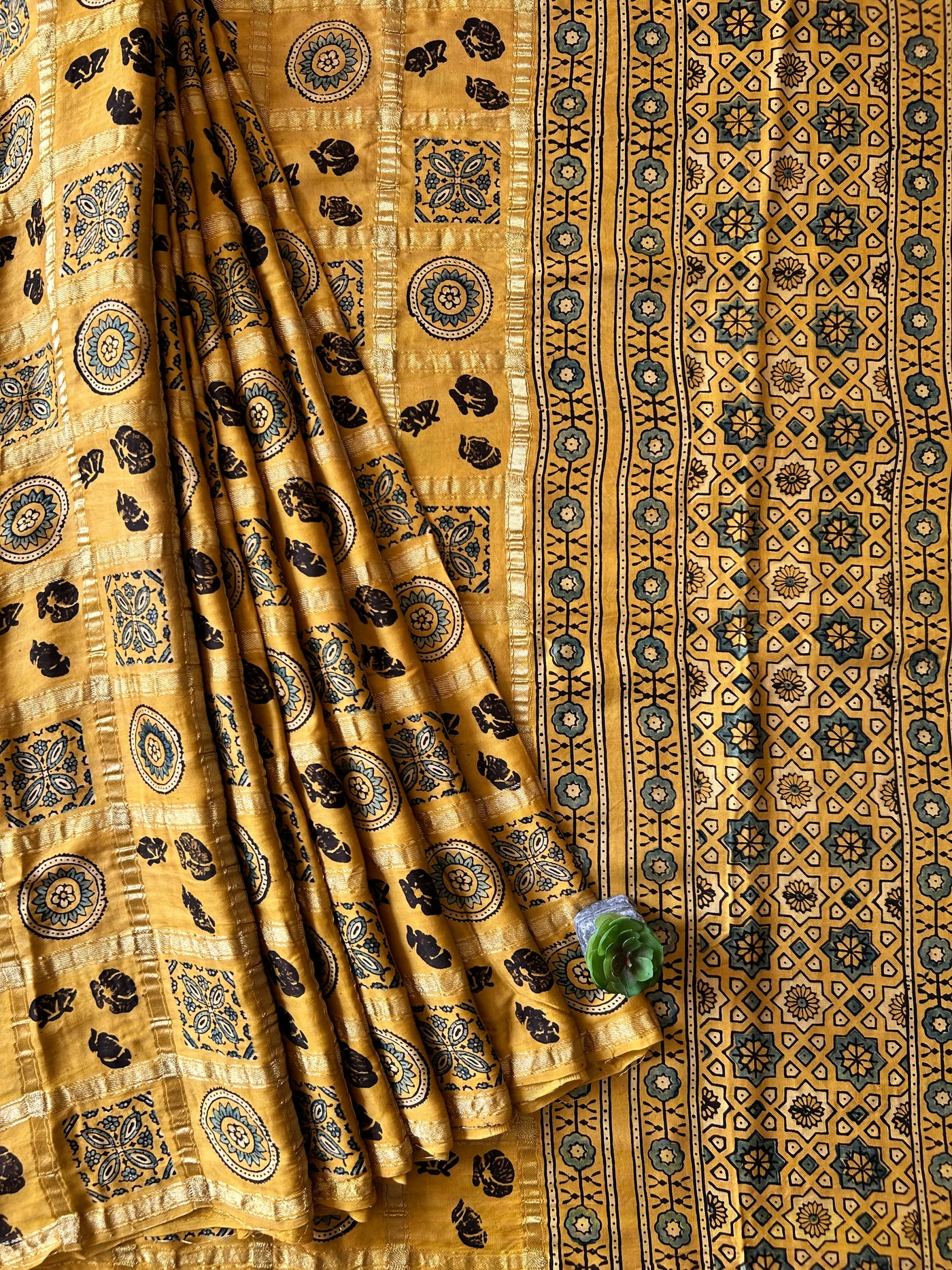 KIRAN:YELLOW,HANDBLOCK AJRAKH MODAL SILK GHARCHOLA SAREE