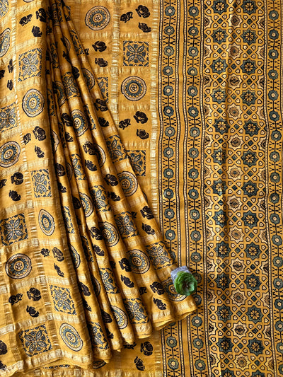 KIRAN:YELLOW,HANDBLOCK AJRAKH MODAL SILK GHARCHOLA SAREE