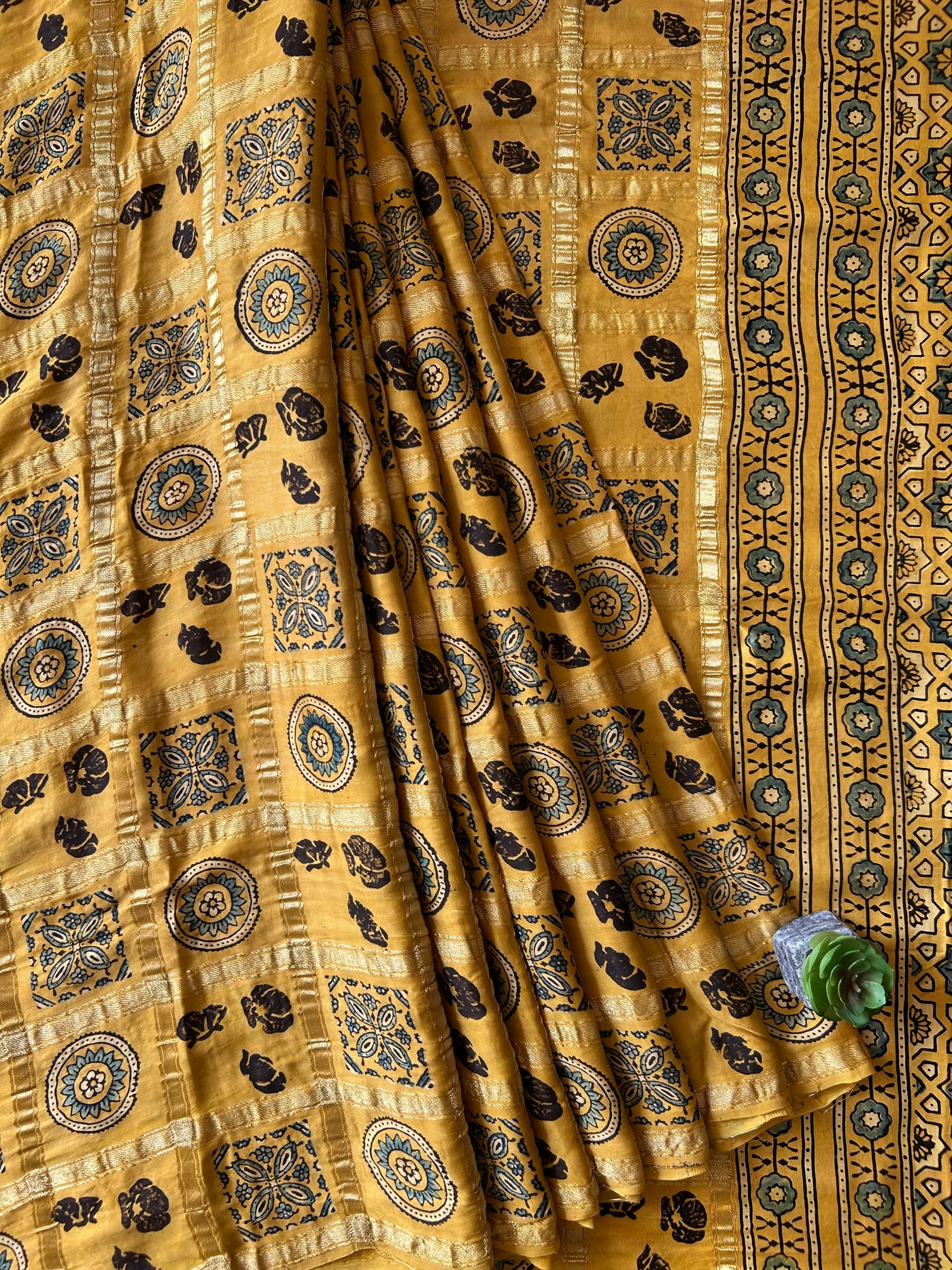KIRAN:YELLOW,HANDBLOCK AJRAKH MODAL SILK GHARCHOLA SAREE