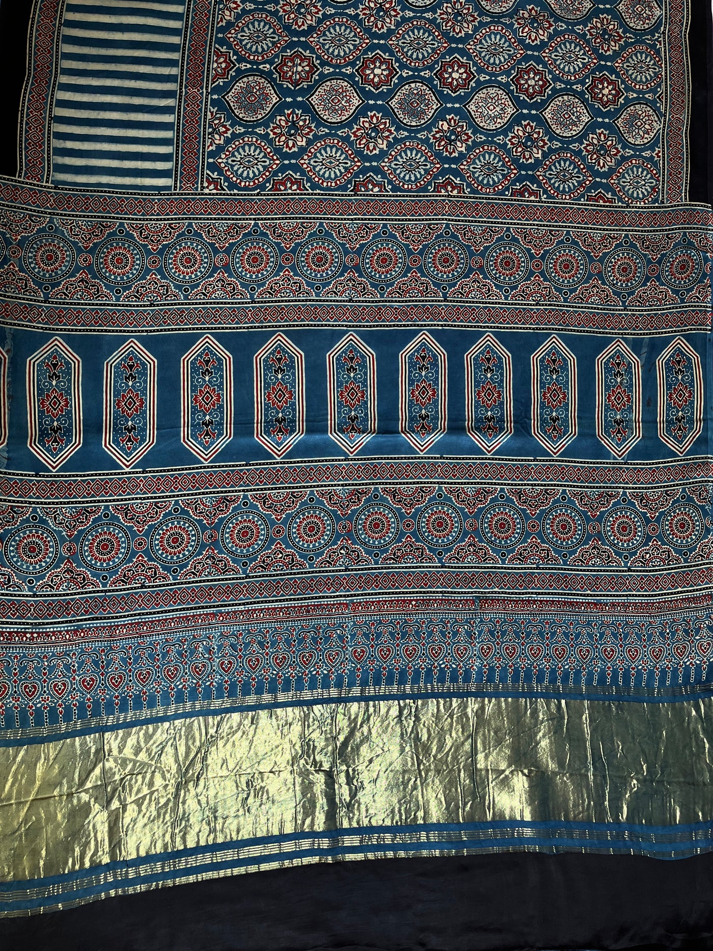 PANKHUDI: HANDBLOCK AJRAKH MODAL SILK SAREE WITH TISSUE PALLU