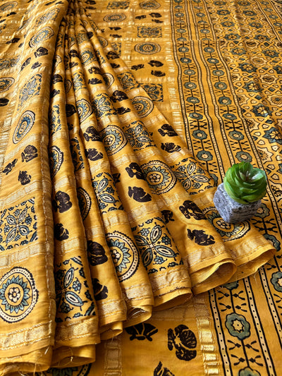 KIRAN:YELLOW,HANDBLOCK AJRAKH MODAL SILK GHARCHOLA SAREE