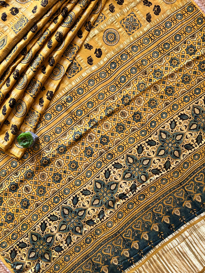 KIRAN:YELLOW,HANDBLOCK AJRAKH MODAL SILK GHARCHOLA SAREE