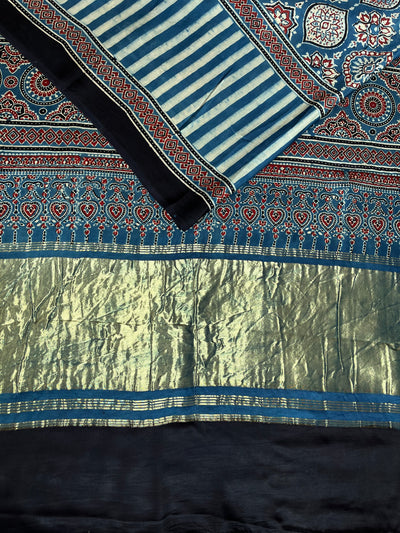 PANKHUDI: HANDBLOCK AJRAKH MODAL SILK SAREE WITH TISSUE PALLU