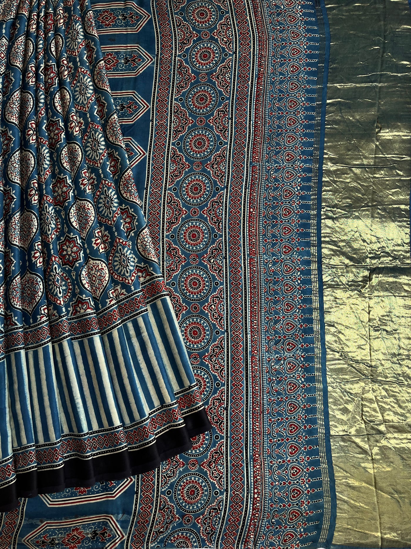 PANKHUDI: HANDBLOCK AJRAKH MODAL SILK SAREE WITH TISSUE PALLU
