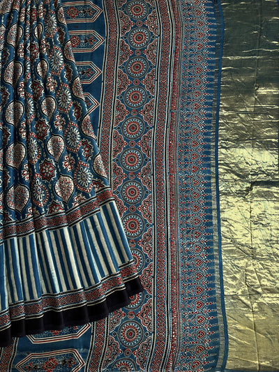 PANKHUDI: HANDBLOCK AJRAKH MODAL SILK SAREE WITH TISSUE PALLU