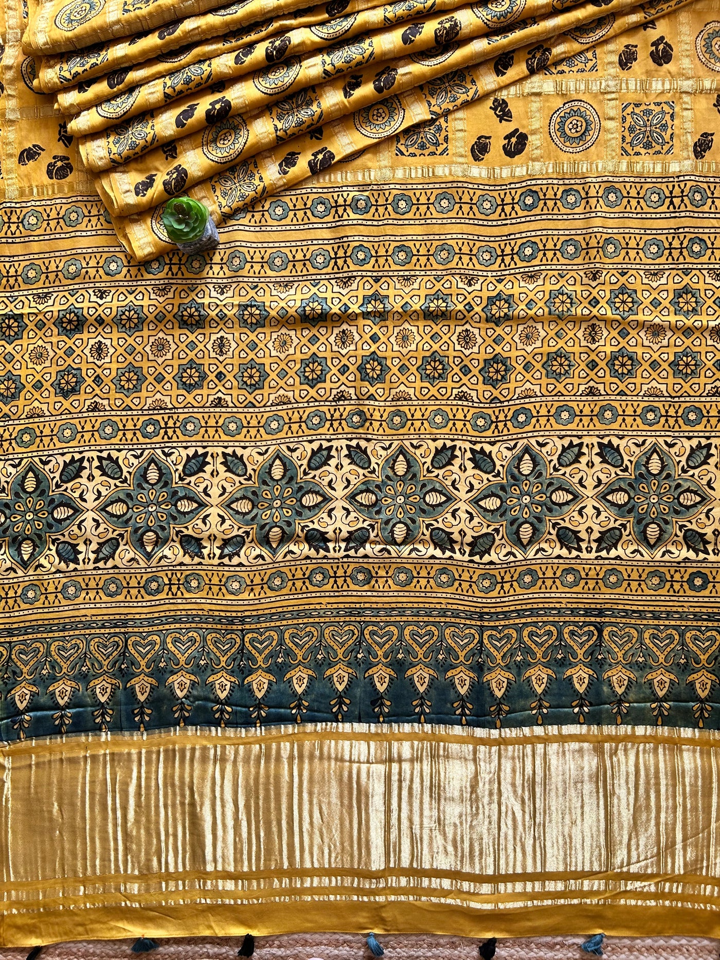 KIRAN:YELLOW,HANDBLOCK AJRAKH MODAL SILK GHARCHOLA SAREE
