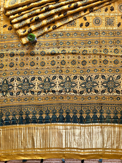 KIRAN:YELLOW,HANDBLOCK AJRAKH MODAL SILK GHARCHOLA SAREE