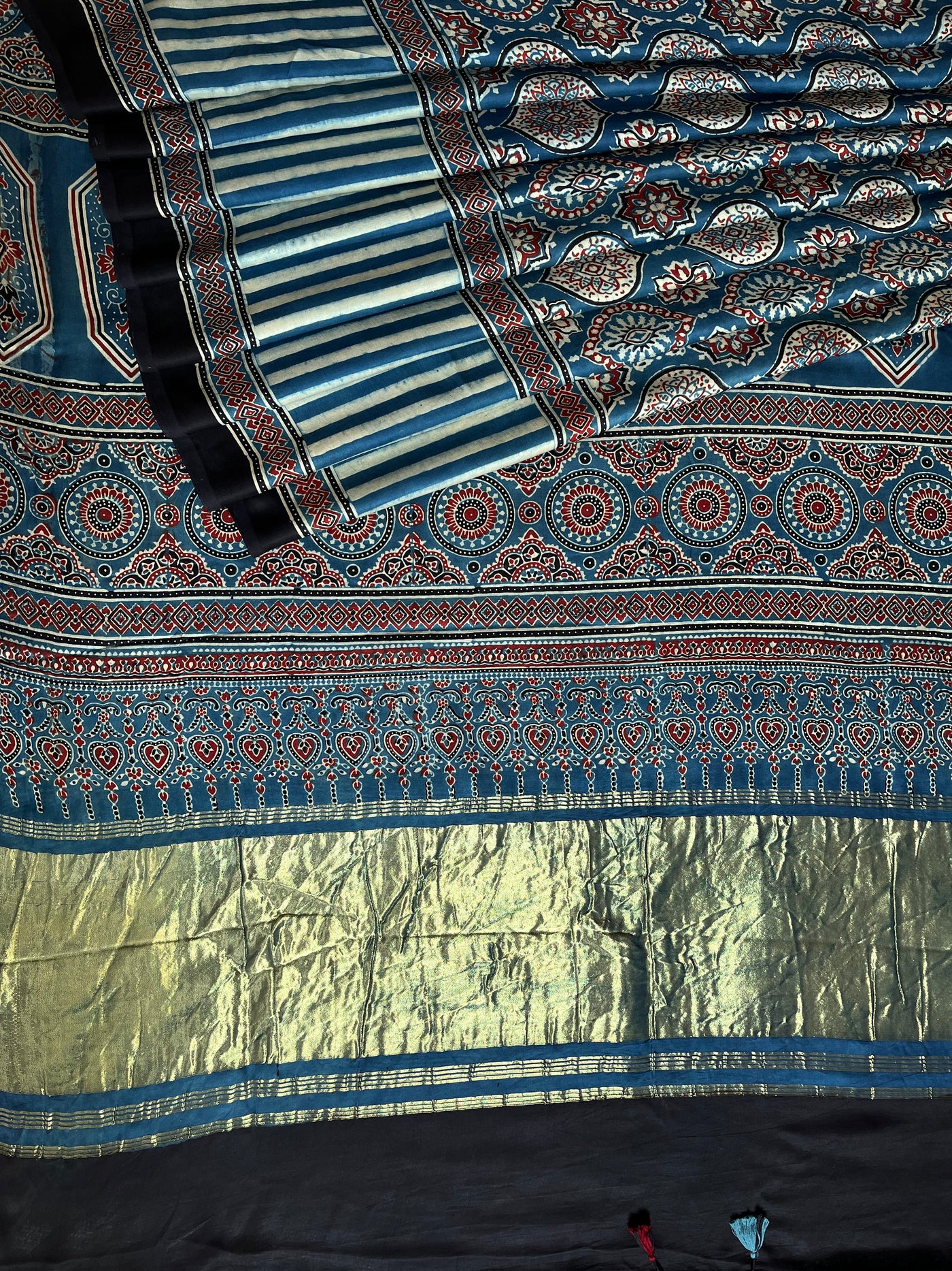 PANKHUDI: HANDBLOCK AJRAKH MODAL SILK SAREE WITH TISSUE PALLU