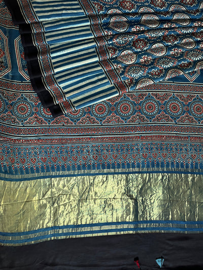 PANKHUDI: HANDBLOCK AJRAKH MODAL SILK SAREE WITH TISSUE PALLU