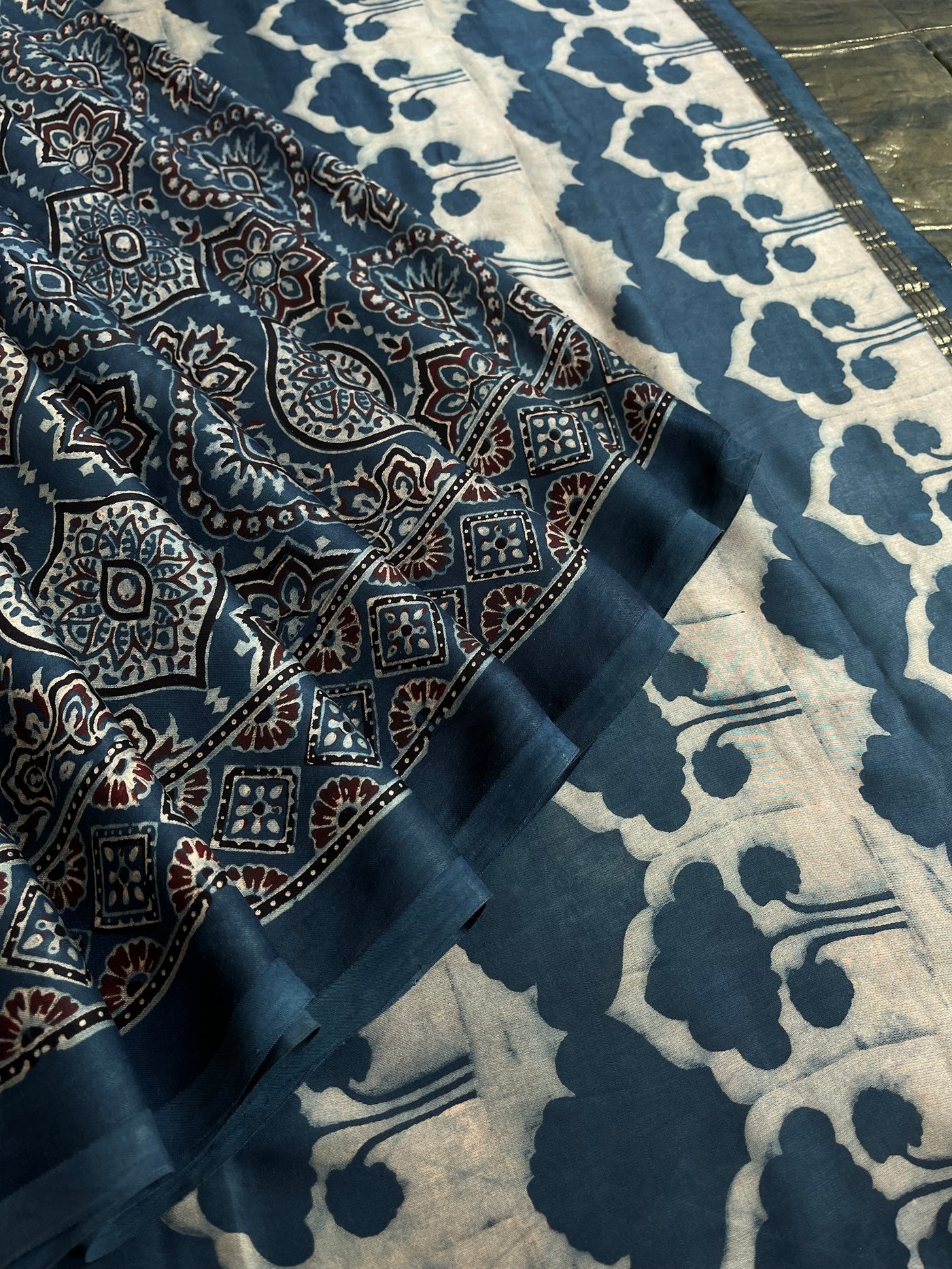 NANDINI: HANDBLOCK AJRAKH MODAL SILK SAREE WITH TISSUE PALLU