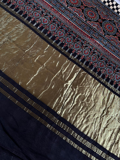 JIGYASA: HANDBLOCK AJRAKH MODAL SILK SAREE WITH TISSUE PALLU