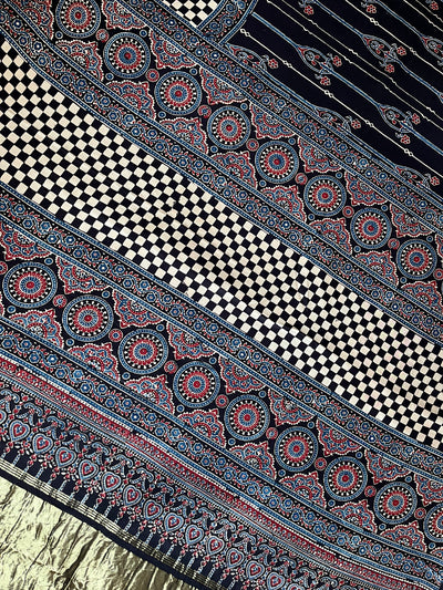 JIGYASA: HANDBLOCK AJRAKH MODAL SILK SAREE WITH TISSUE PALLU