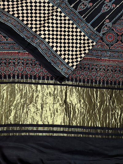 JIGYASA: HANDBLOCK AJRAKH MODAL SILK SAREE WITH TISSUE PALLU