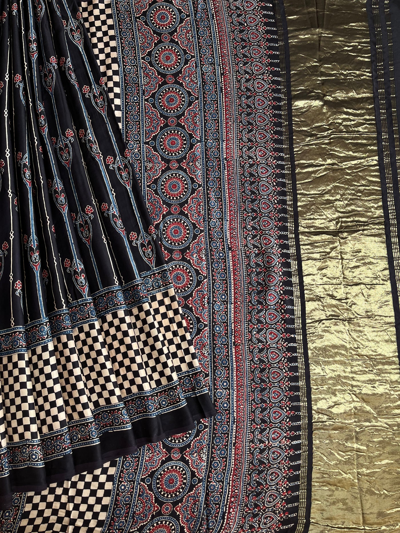 JIGYASA: HANDBLOCK AJRAKH MODAL SILK SAREE WITH TISSUE PALLU