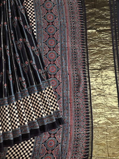 JIGYASA: HANDBLOCK AJRAKH MODAL SILK SAREE WITH TISSUE PALLU