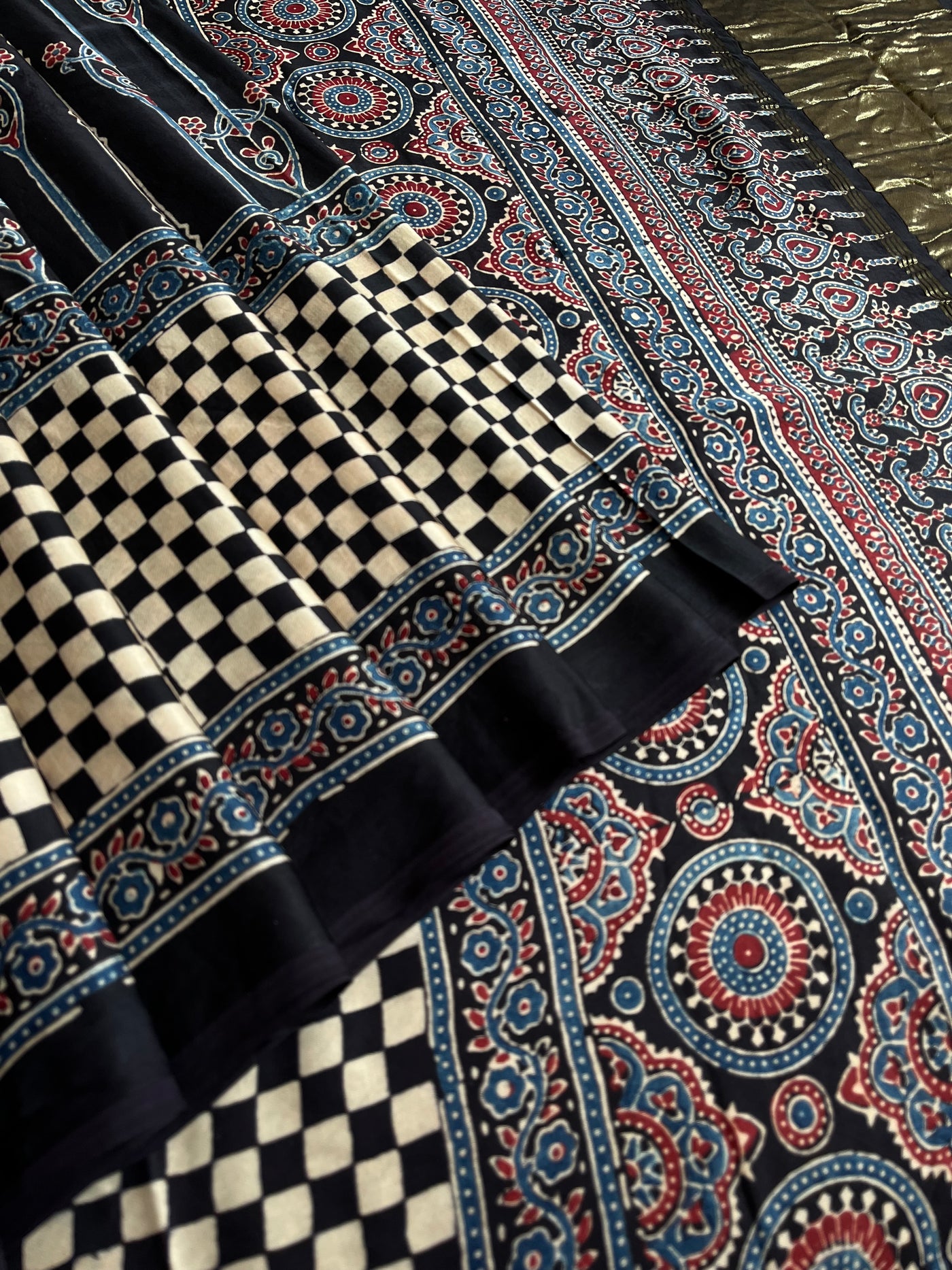 JIGYASA: HANDBLOCK AJRAKH MODAL SILK SAREE WITH TISSUE PALLU