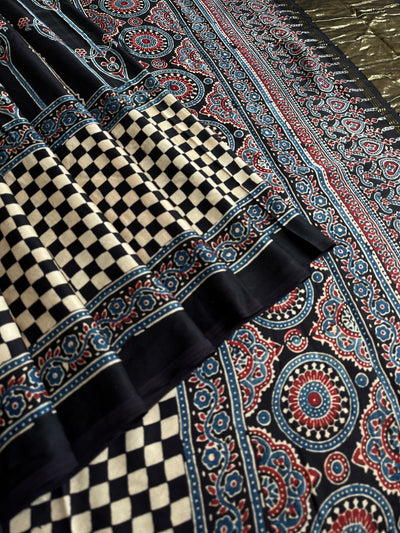 JIGYASA: HANDBLOCK AJRAKH MODAL SILK SAREE WITH TISSUE PALLU