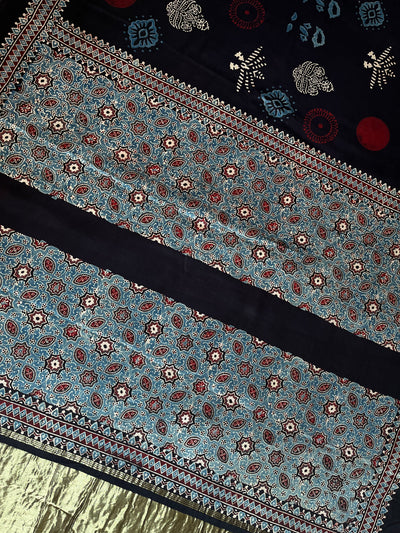 Sparkling stars: HANDBLOCK AJRAKH MODAL SILK SAREE WITH TISSUE PALLU