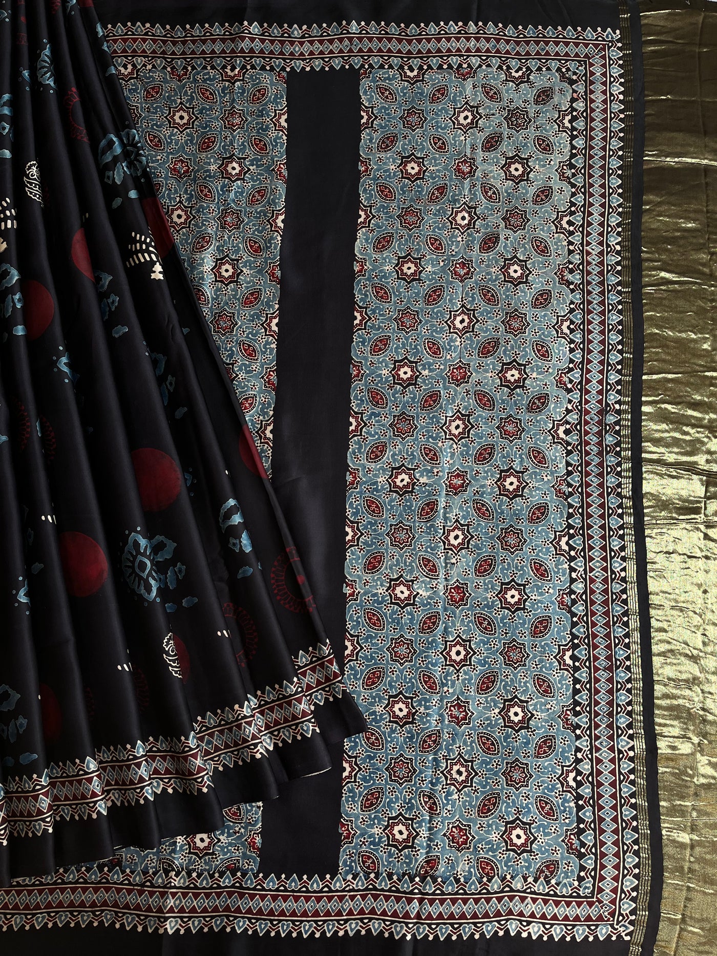 Sparkling stars: HANDBLOCK AJRAKH MODAL SILK SAREE WITH TISSUE PALLU