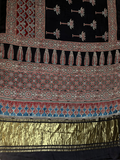 BRINDA: HANDBLOCK AJRAKH MODAL SILK SAREE WITH TISSUE PALLU