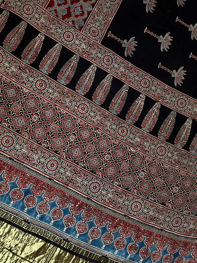 BRINDA: HANDBLOCK AJRAKH MODAL SILK SAREE WITH TISSUE PALLU