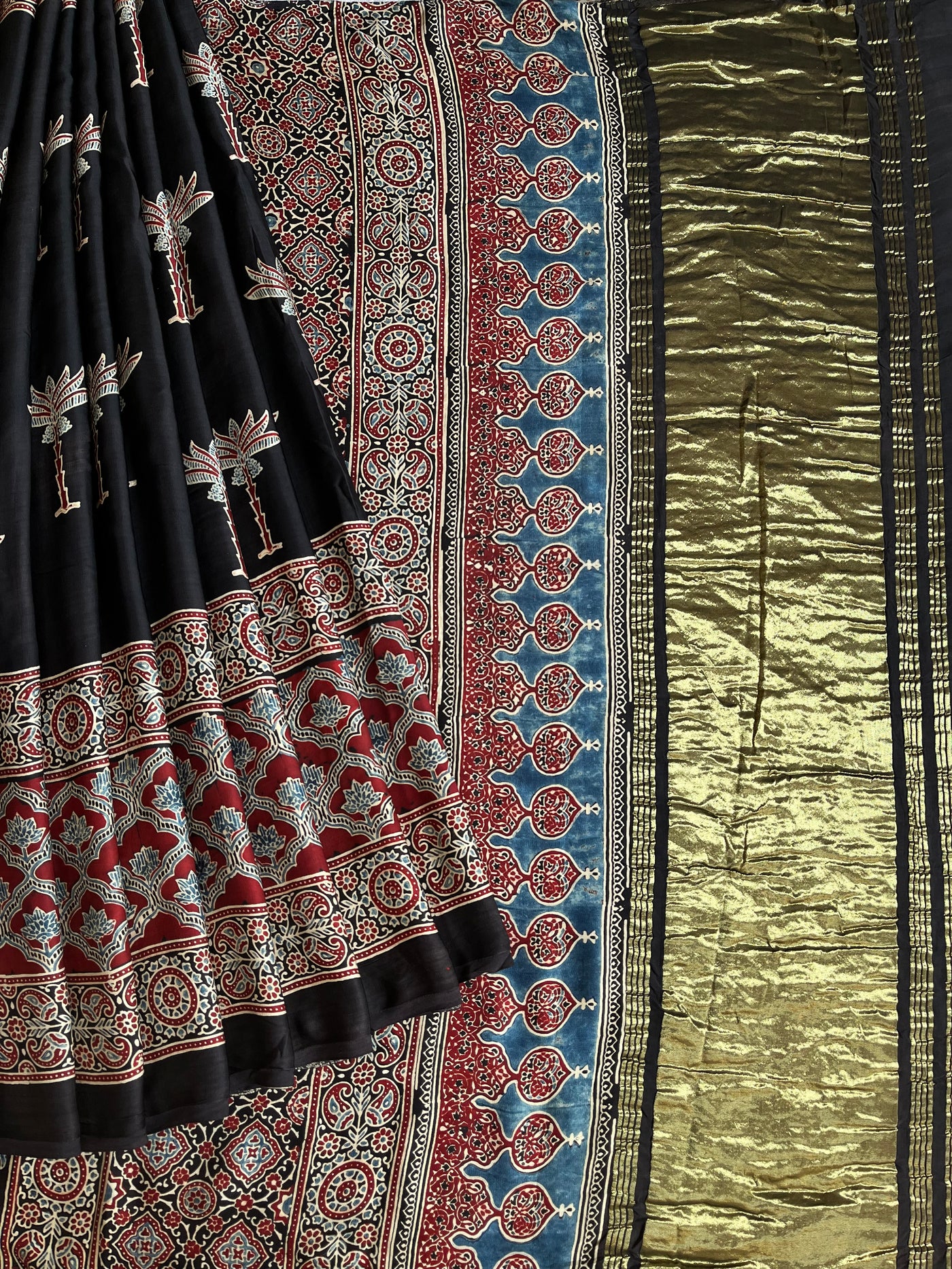 BRINDA: HANDBLOCK AJRAKH MODAL SILK SAREE WITH TISSUE PALLU