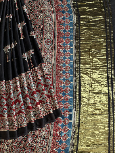 BRINDA: HANDBLOCK AJRAKH MODAL SILK SAREE WITH TISSUE PALLU