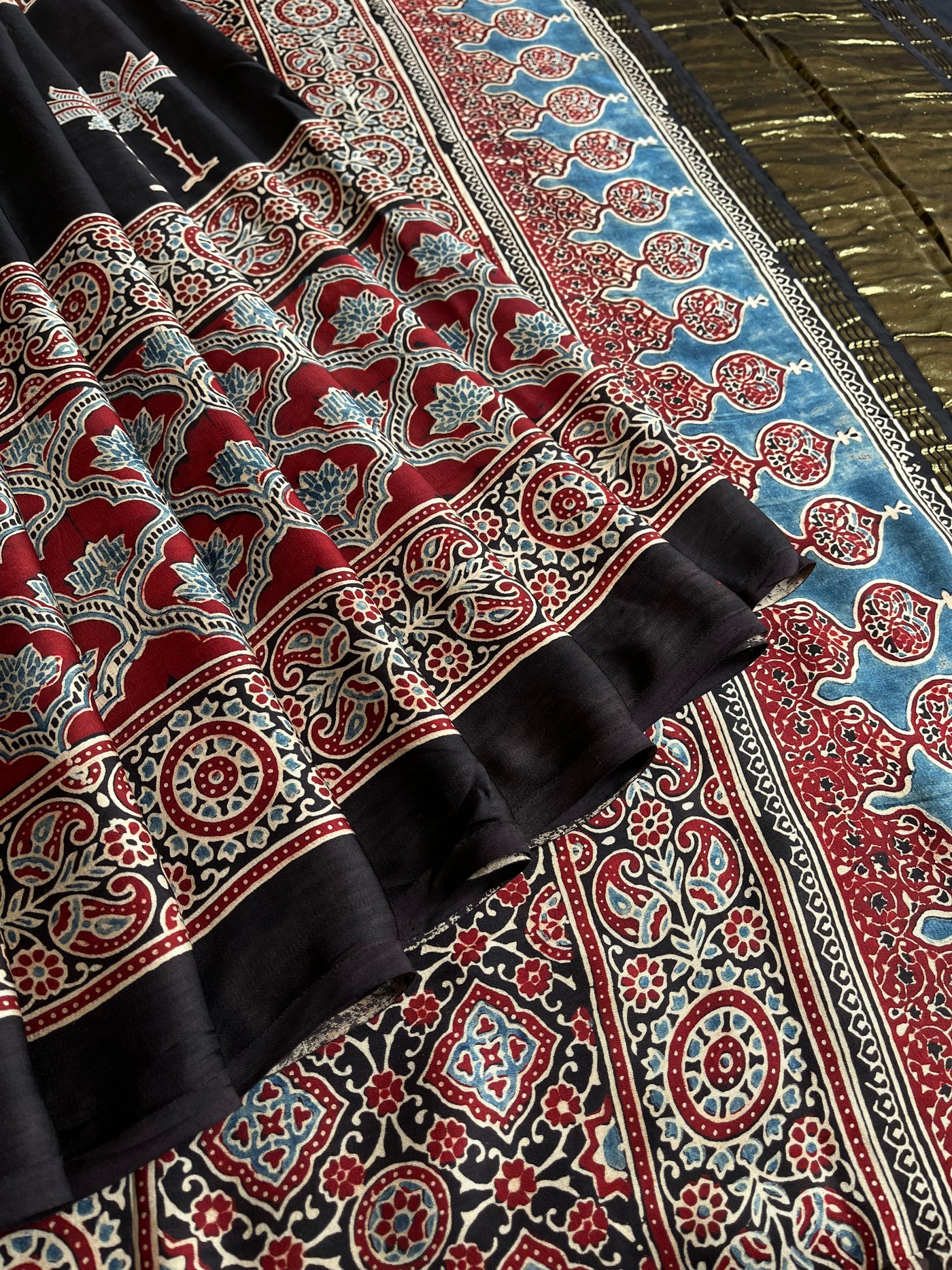 BRINDA: HANDBLOCK AJRAKH MODAL SILK SAREE WITH TISSUE PALLU