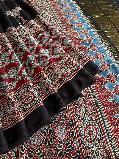 BRINDA: HANDBLOCK AJRAKH MODAL SILK SAREE WITH TISSUE PALLU