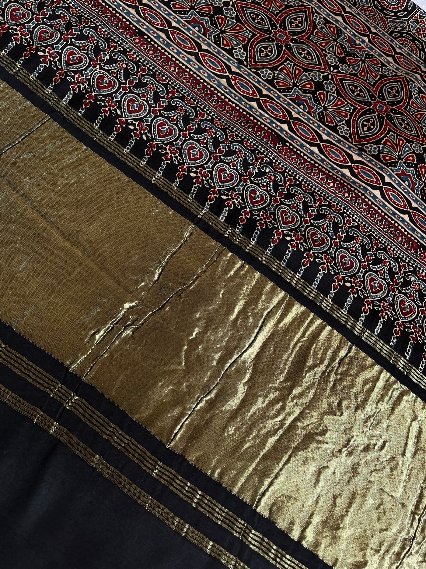 SAANJH:BLACK,HANDBLOCK AJRAKH MODAL SILK SAREE WITH TISSUE PALLU