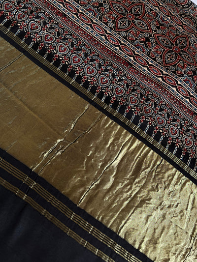 SAANJH:BLACK,HANDBLOCK AJRAKH MODAL SILK SAREE WITH TISSUE PALLU