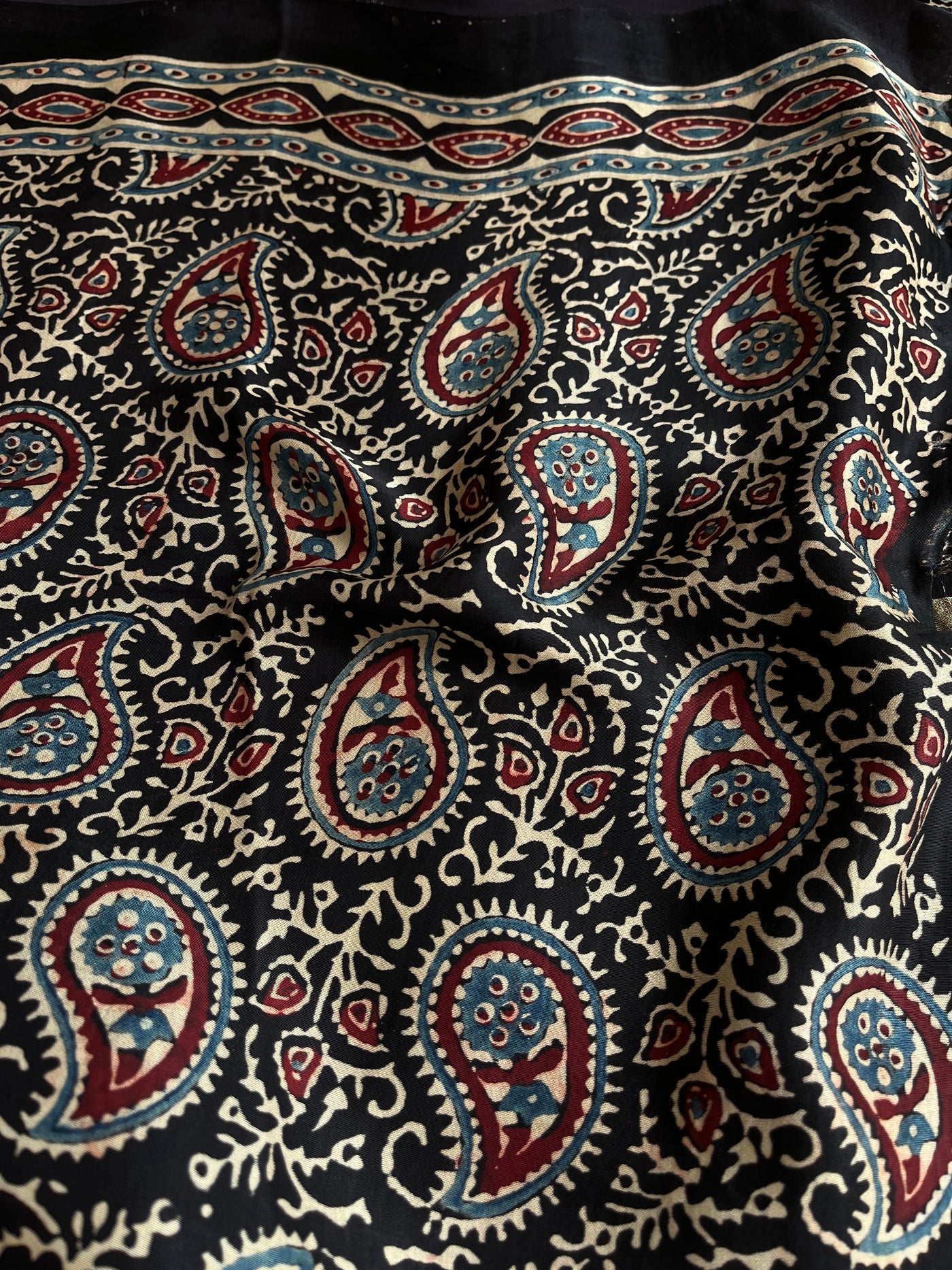 SAANJH:BLACK,HANDBLOCK AJRAKH MODAL SILK SAREE WITH TISSUE PALLU