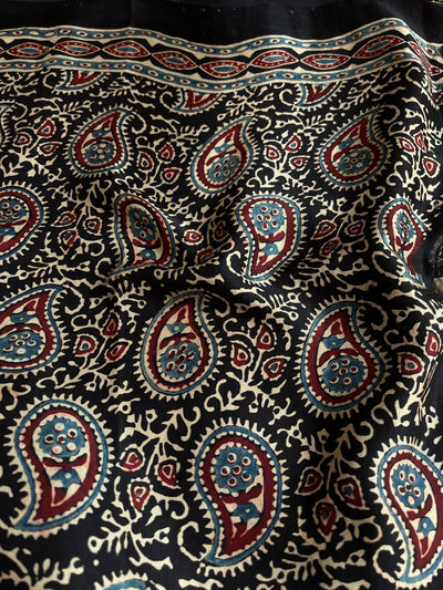 SAANJH:BLACK,HANDBLOCK AJRAKH MODAL SILK SAREE WITH TISSUE PALLU