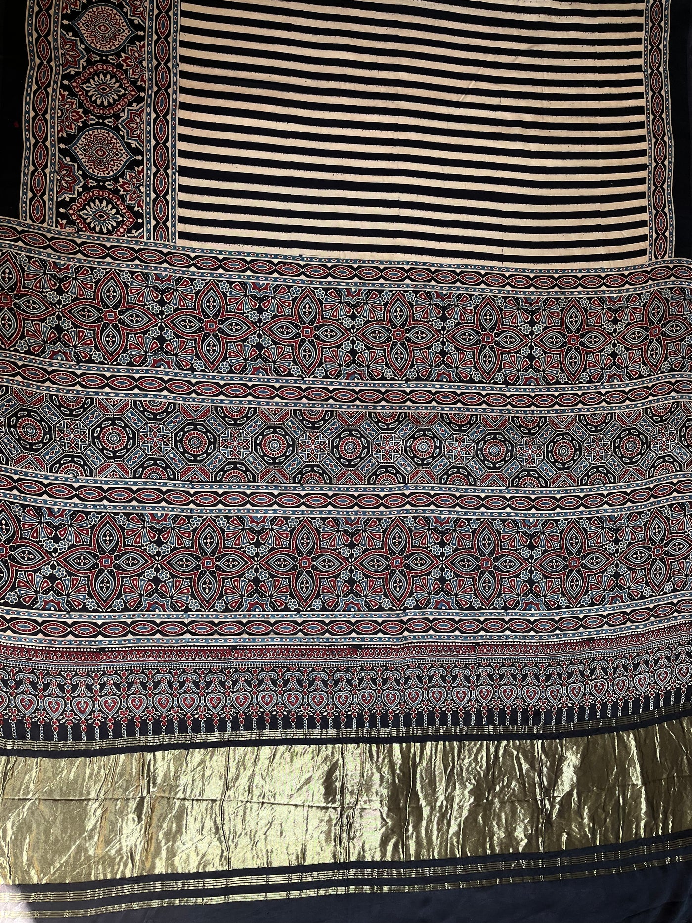 SAANJH:BLACK,HANDBLOCK AJRAKH MODAL SILK SAREE WITH TISSUE PALLU