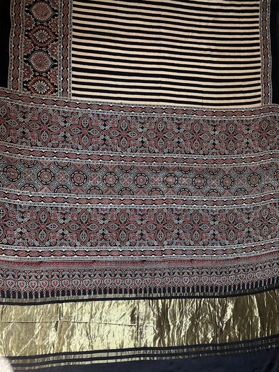SAANJH:BLACK,HANDBLOCK AJRAKH MODAL SILK SAREE WITH TISSUE PALLU