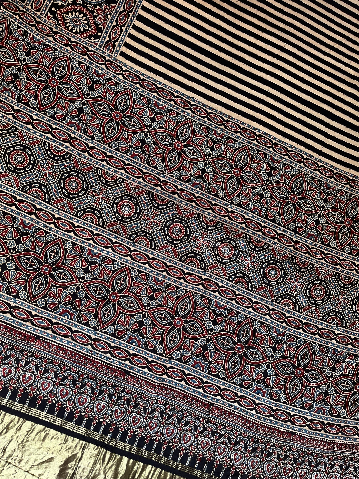 SAANJH:BLACK,HANDBLOCK AJRAKH MODAL SILK SAREE WITH TISSUE PALLU