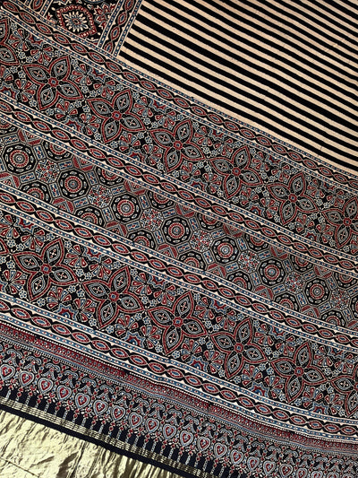 SAANJH:BLACK,HANDBLOCK AJRAKH MODAL SILK SAREE WITH TISSUE PALLU