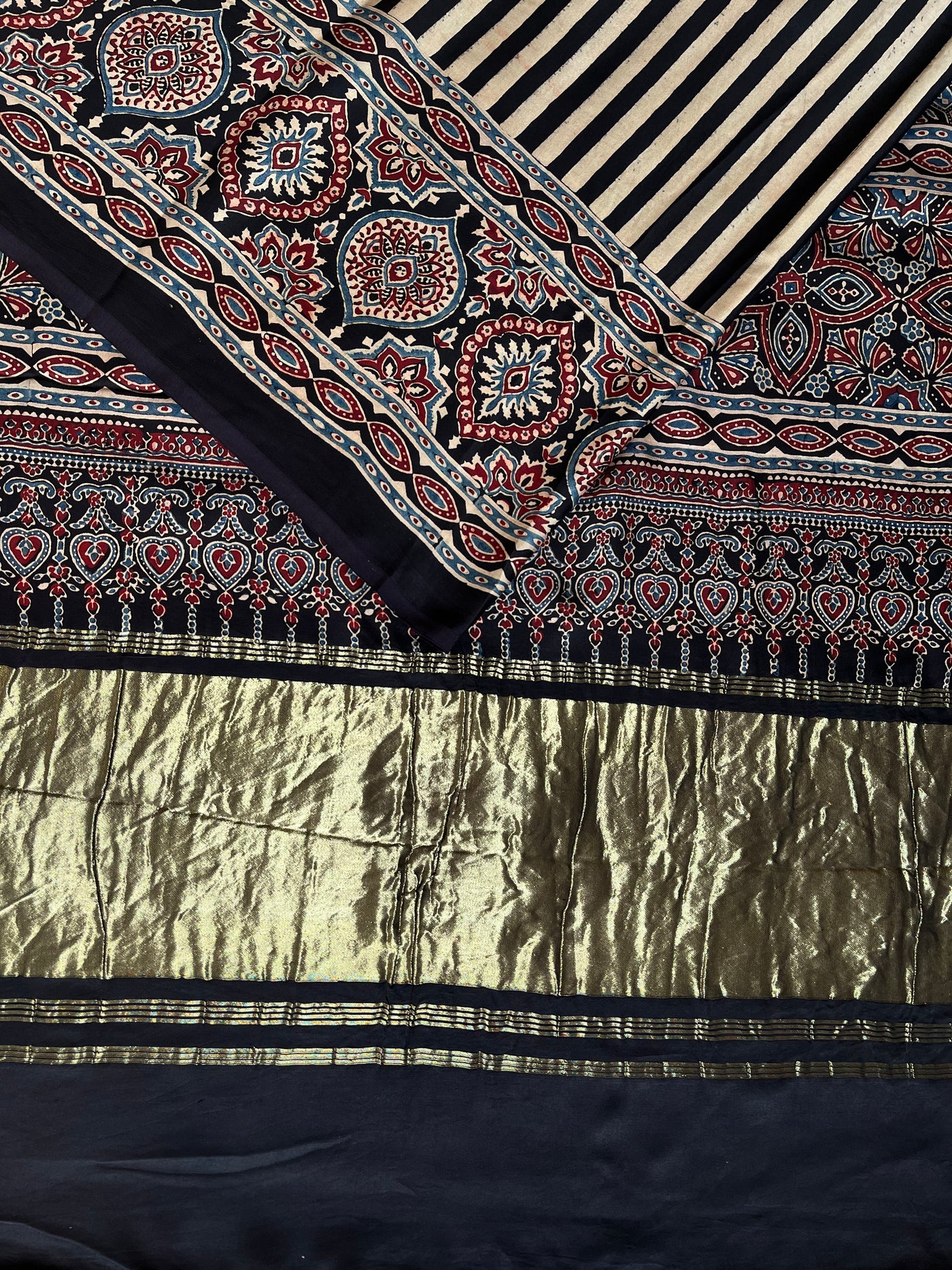 SAANJH:BLACK,HANDBLOCK AJRAKH MODAL SILK SAREE WITH TISSUE PALLU