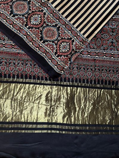 SAANJH:BLACK,HANDBLOCK AJRAKH MODAL SILK SAREE WITH TISSUE PALLU