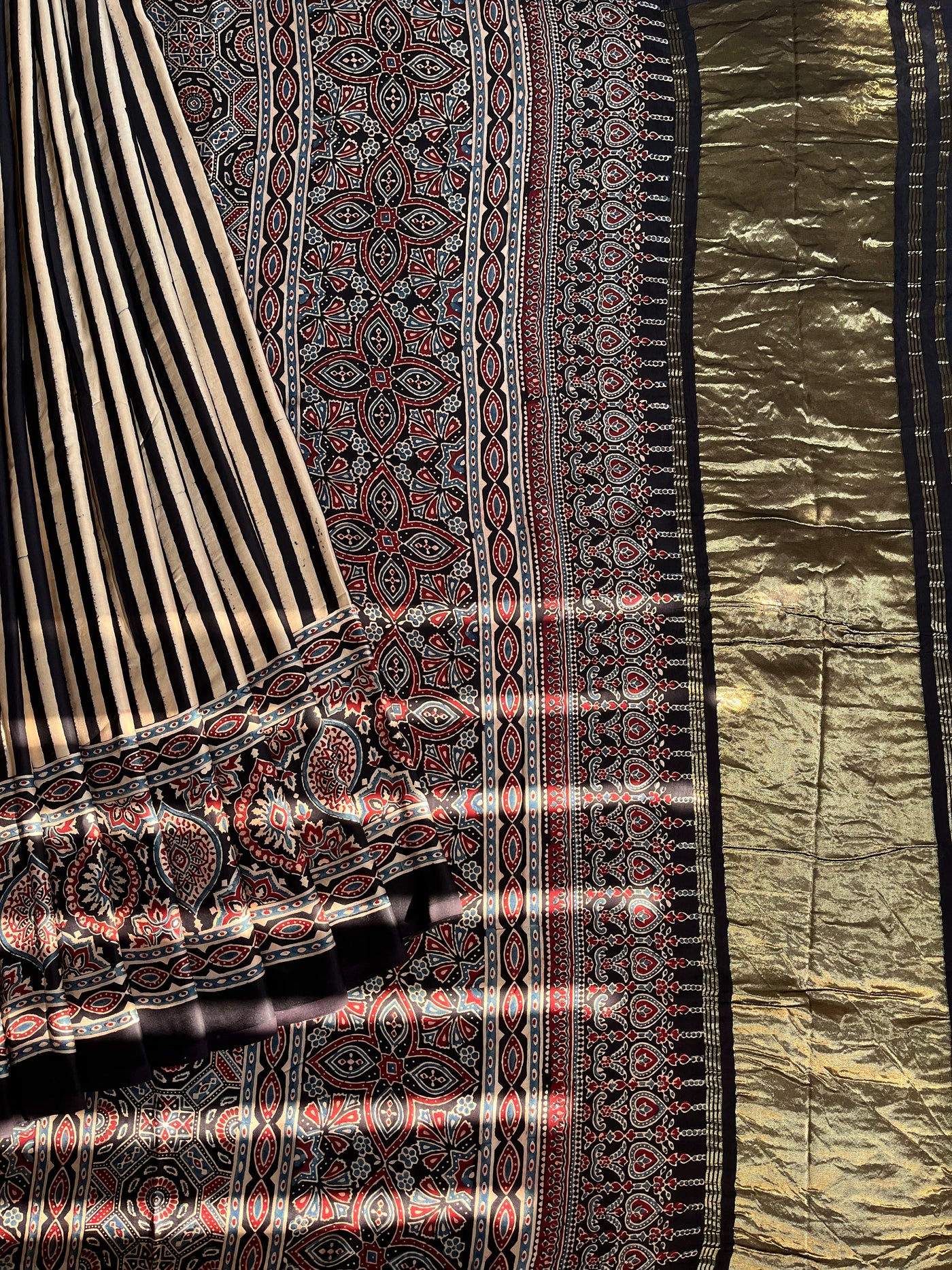 SAANJH:BLACK,HANDBLOCK AJRAKH MODAL SILK SAREE WITH TISSUE PALLU