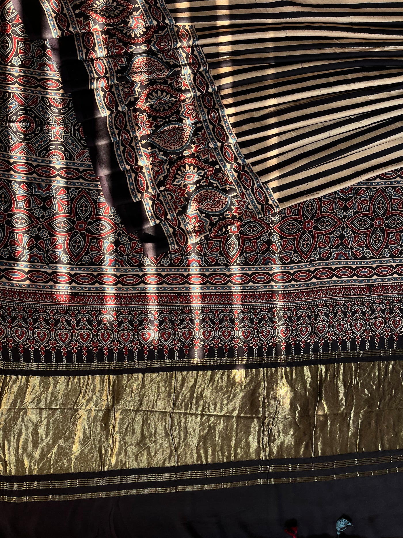 SAANJH:BLACK,HANDBLOCK AJRAKH MODAL SILK SAREE WITH TISSUE PALLU