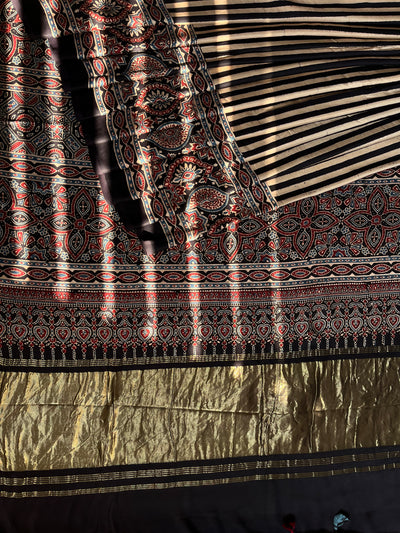 SAANJH:BLACK,HANDBLOCK AJRAKH MODAL SILK SAREE WITH TISSUE PALLU