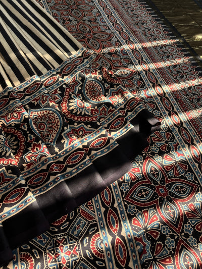 SAANJH:BLACK,HANDBLOCK AJRAKH MODAL SILK SAREE WITH TISSUE PALLU