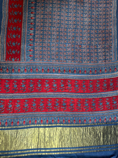 SHAKIRA: Handblock Modal Silk Tissue Ajrakh Saree