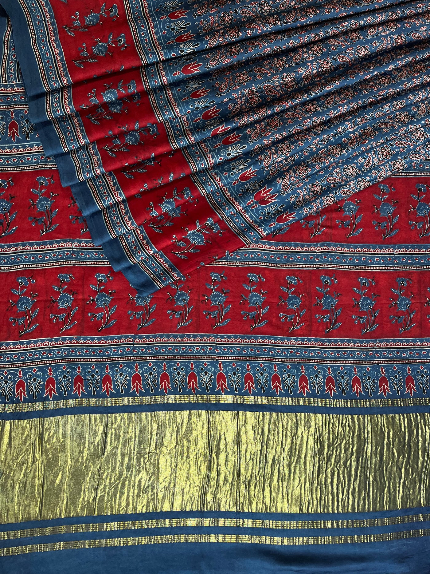 SHAKIRA: Handblock Modal Silk Tissue Ajrakh Saree