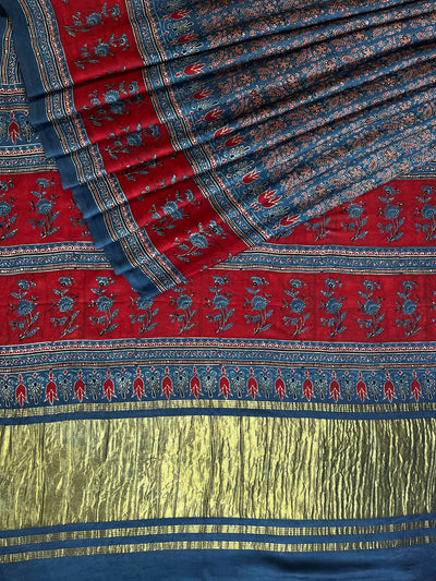 SHAKIRA: Handblock Modal Silk Tissue Ajrakh Saree
