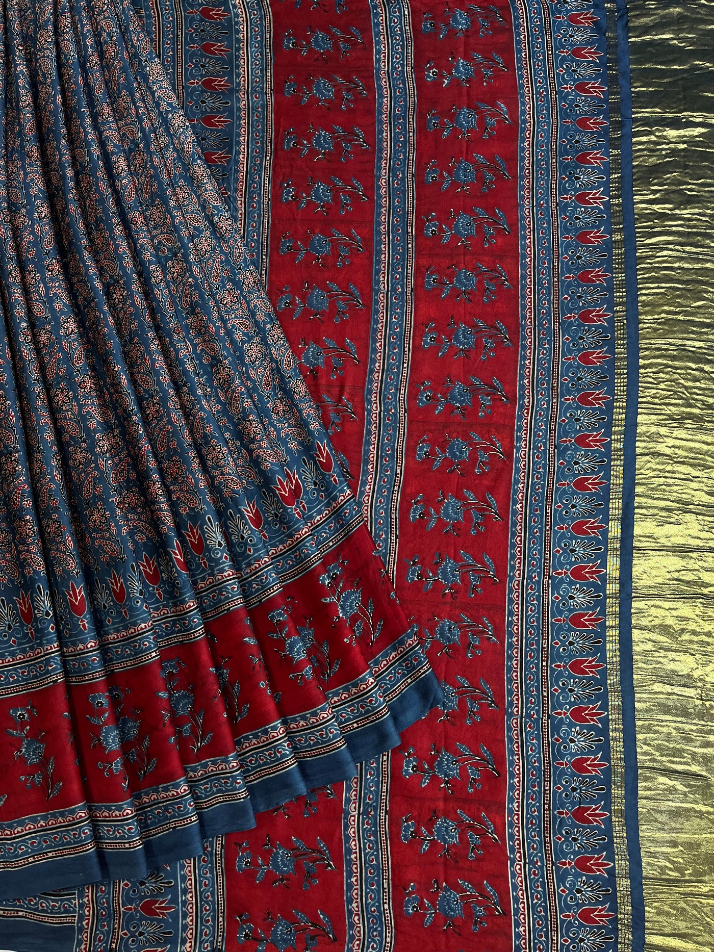 SHAKIRA: Handblock Modal Silk Tissue Ajrakh Saree