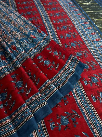 SHAKIRA: Handblock Modal Silk Tissue Ajrakh Saree